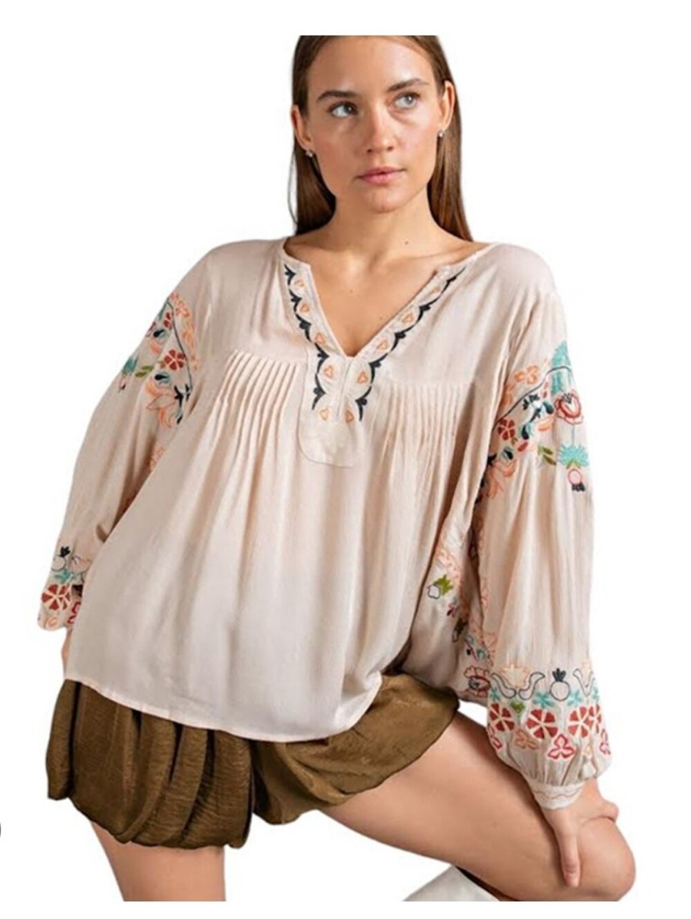 easel Embroidered Boho Blouse - Cream with Multicolor Accents